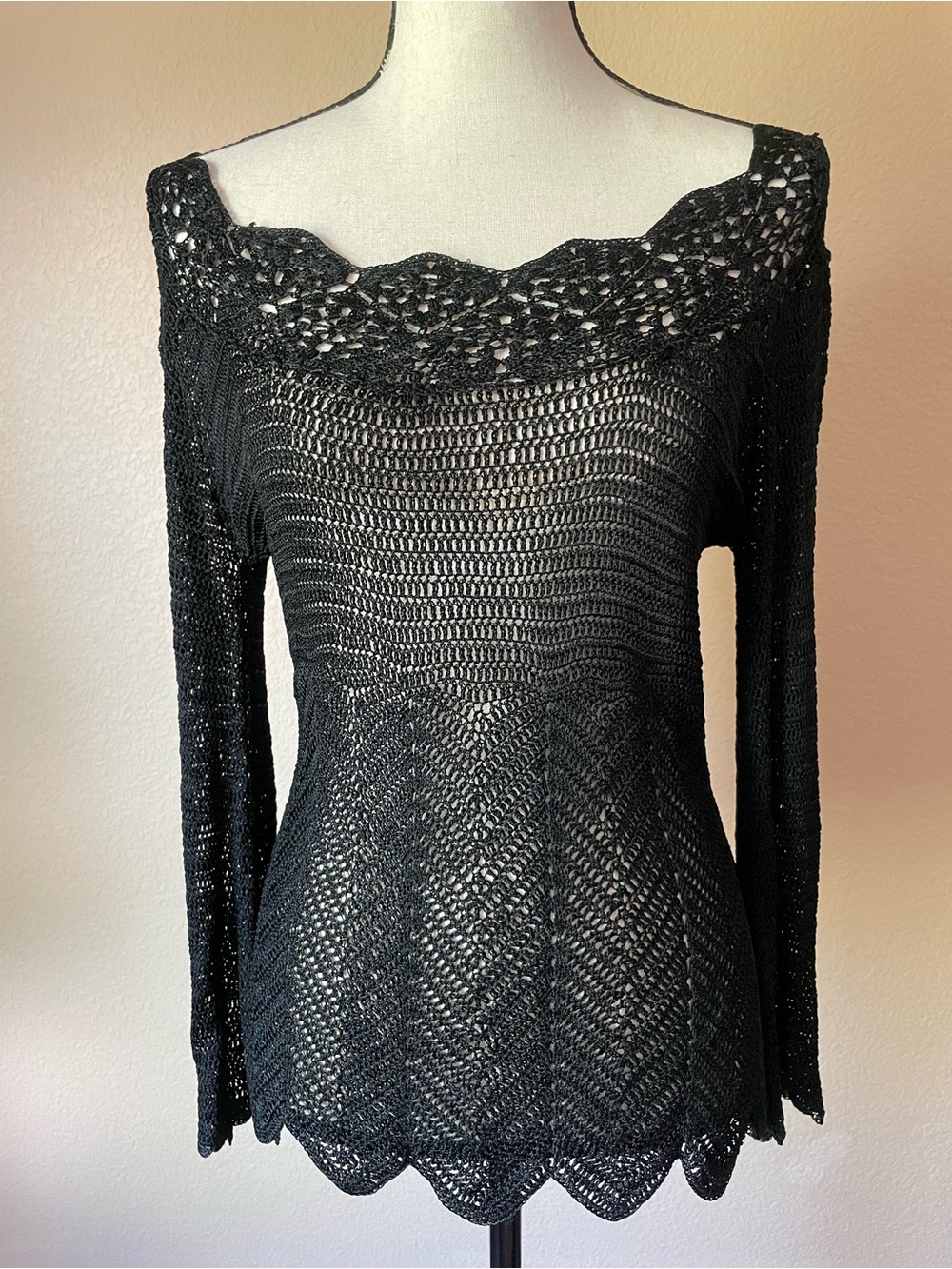 Cache Vintage Y2K Open Weave crochet Knit Sweater Top Whimsigoth Boho Black L